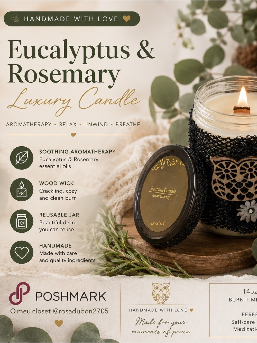 Eucalyptus & Rosemary Luxury Candle | 14oz Wood Wick | Aromatherapy | handmade
